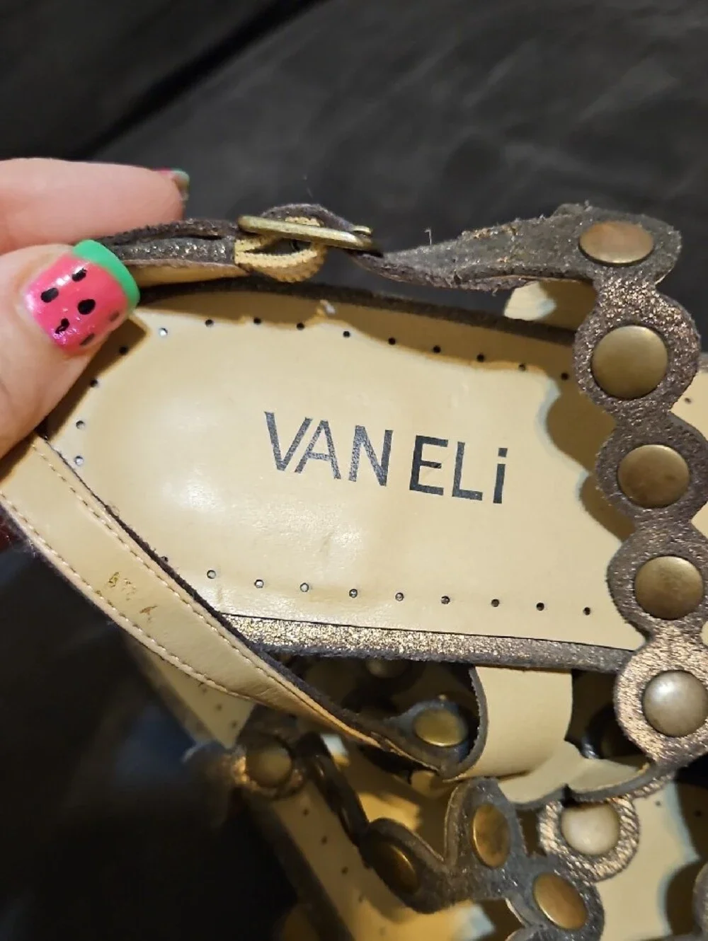 Vaneli Silver Circle-Link Faux Leather Sandals